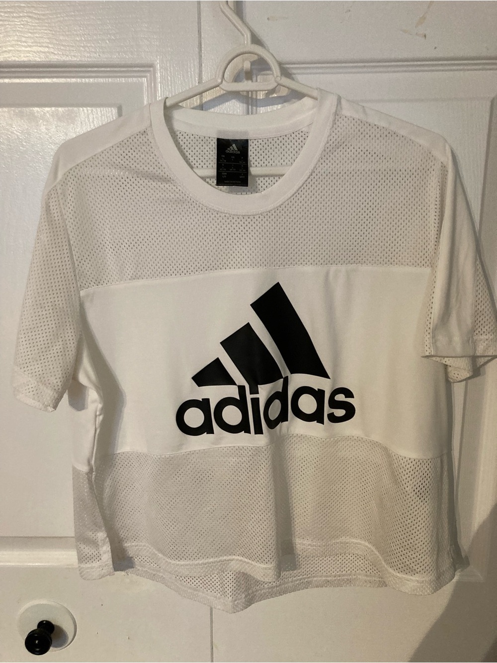 adidas White Mesh Tee with Black Logo Tag